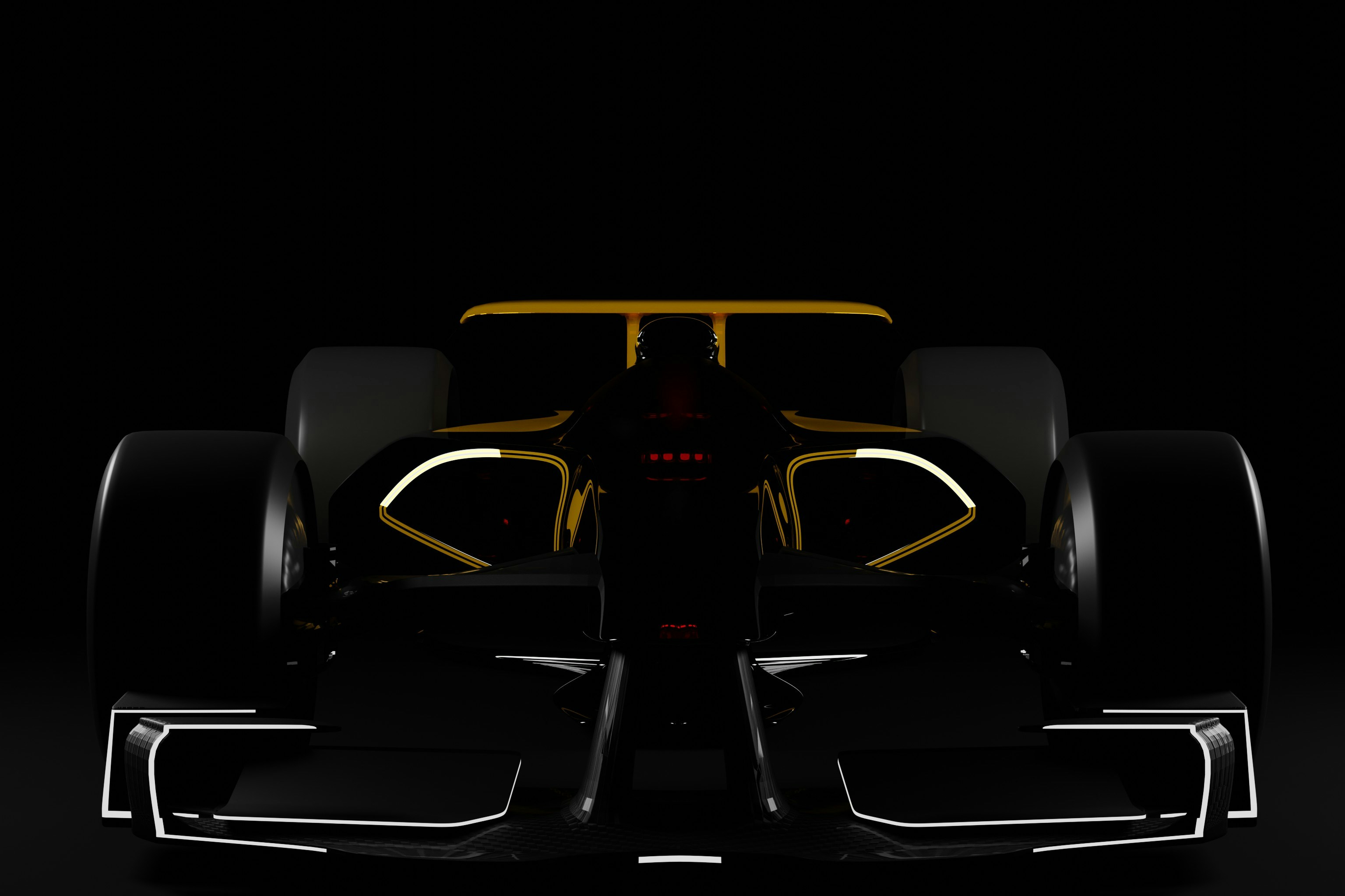 Formula 1 car high contrast render, black, white & yellow,  mostly just a silhouette of a car